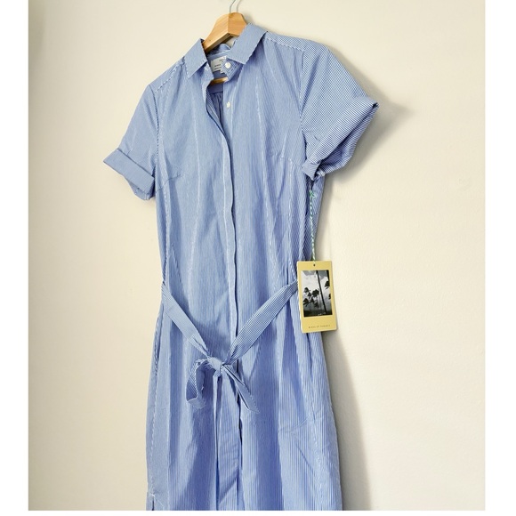 Trovata birds of Paradis Blue Poplin Belted Coastal Style Midi Shirt Dress